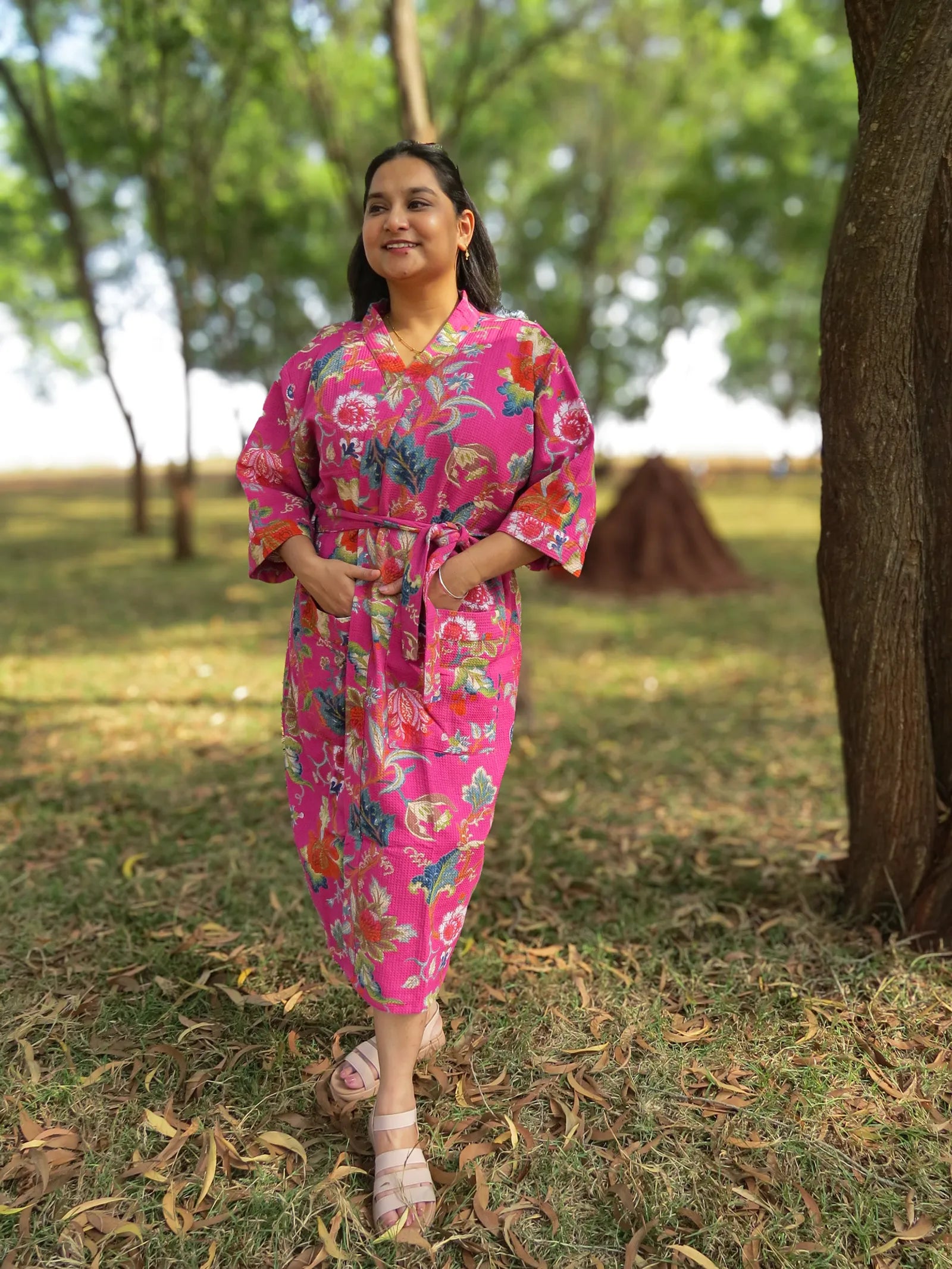 Pink Garden Handblock Printed Waffle Cotton Bathrobe image 4