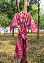 Pink Garden Handblock Printed Waffle Cotton Bathrobe image 6