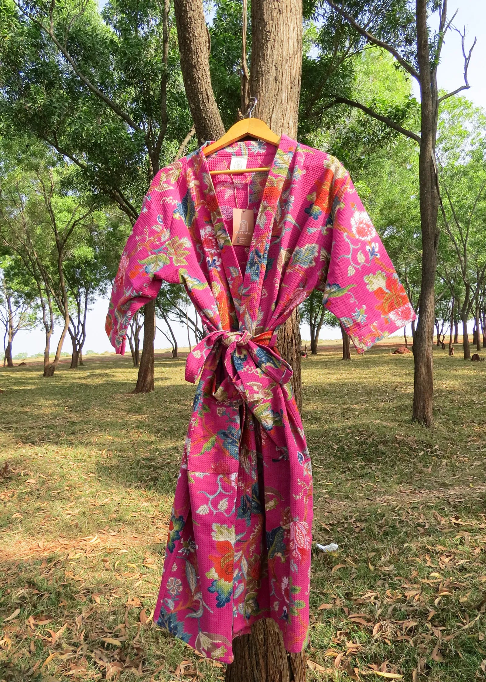 Pink Garden Handblock Printed Waffle Cotton Bathrobe image 6