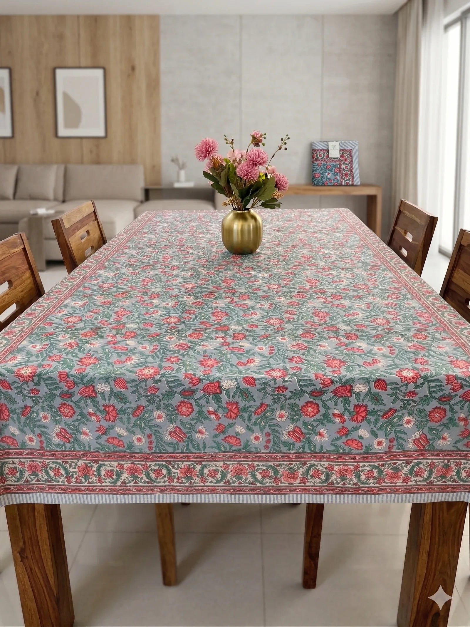 Pink Green Floral Handblock Cotton Table Cover image 1