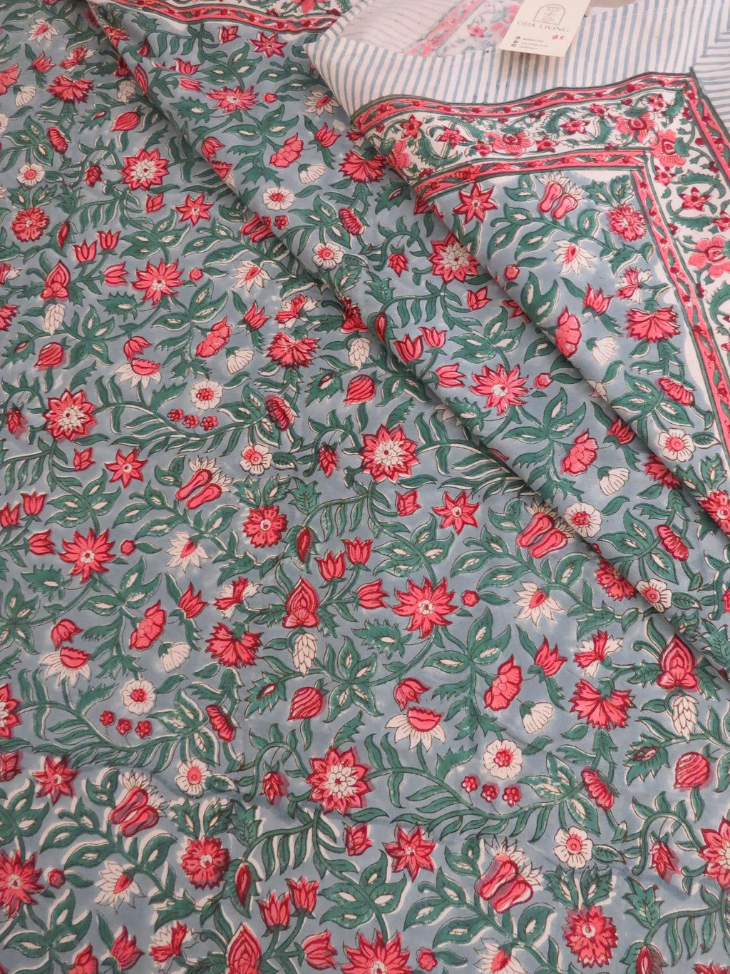 Pink Green Floral Handblock Cotton Table Cover image 2