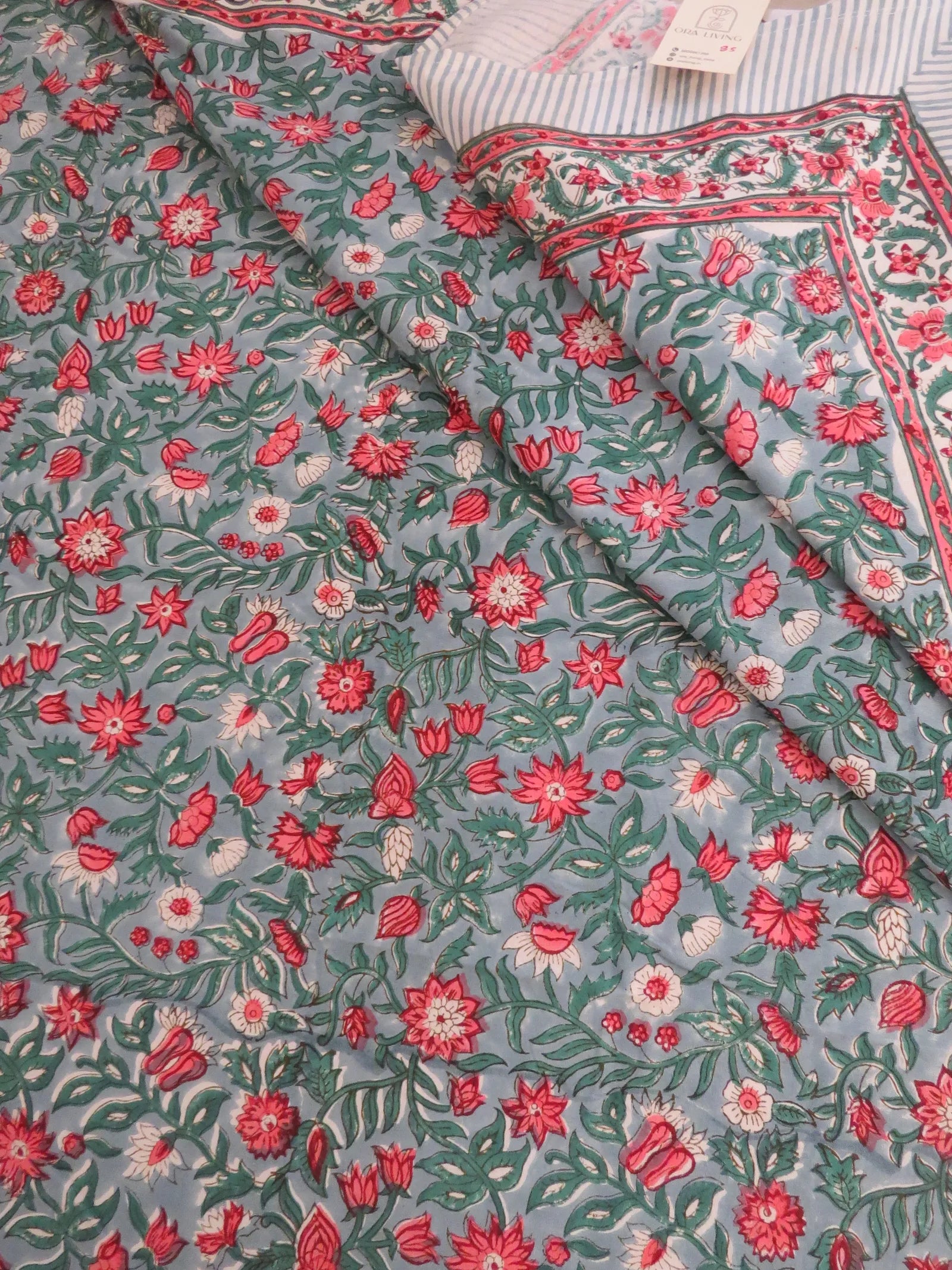 Pink Green Floral Handblock Cotton Table Cover image 2
