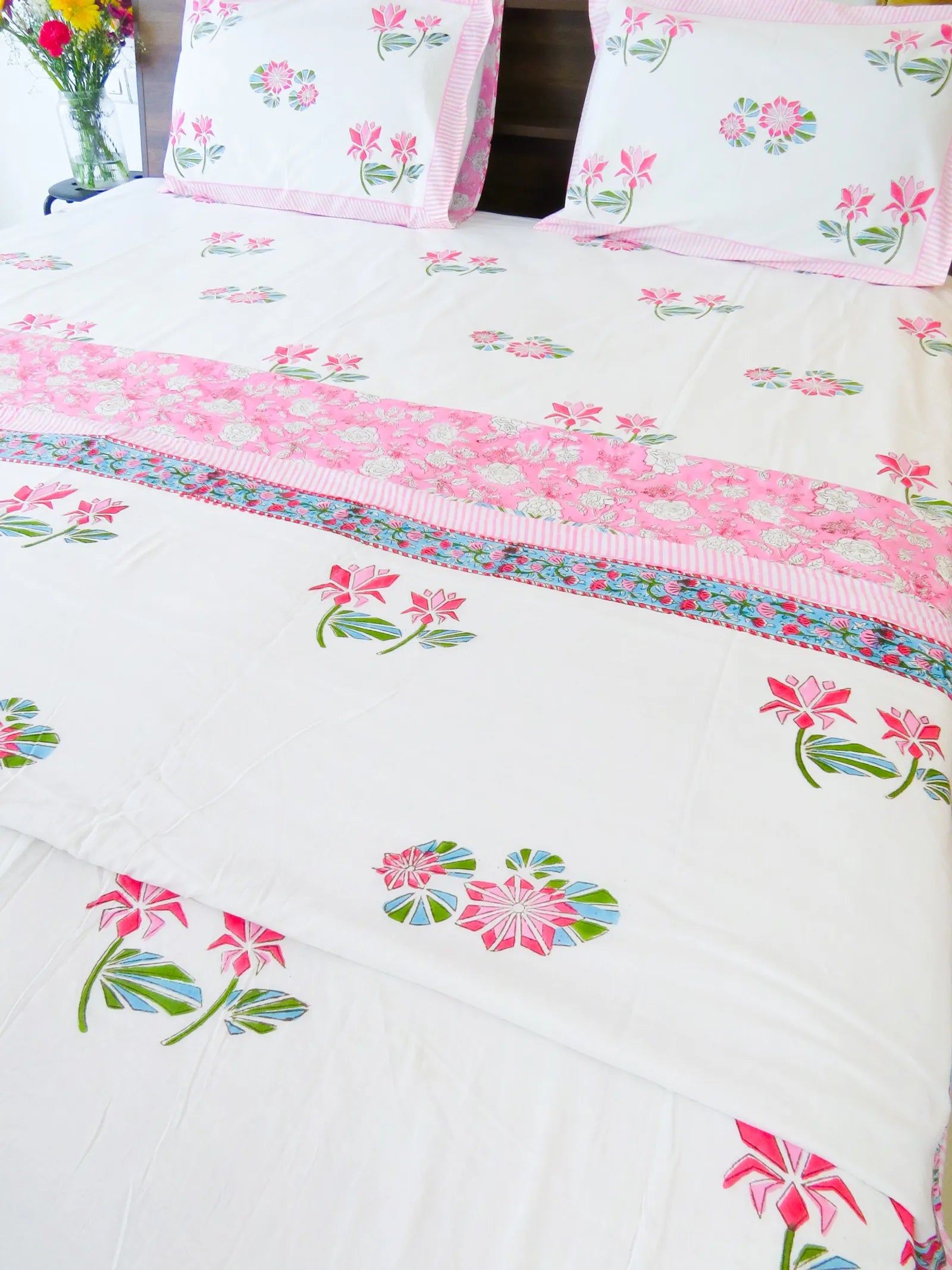 Pink & Green Lotus Flower Handblock Mul Cotton Dohar image 1