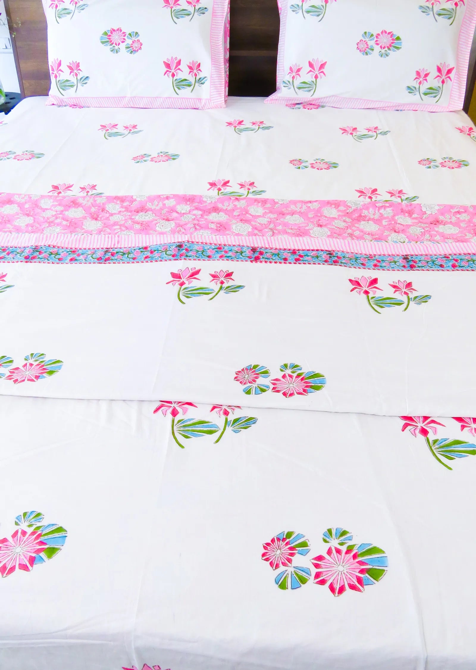 Pink & Green Lotus Flower Handblock Mul Cotton Dohar image 2