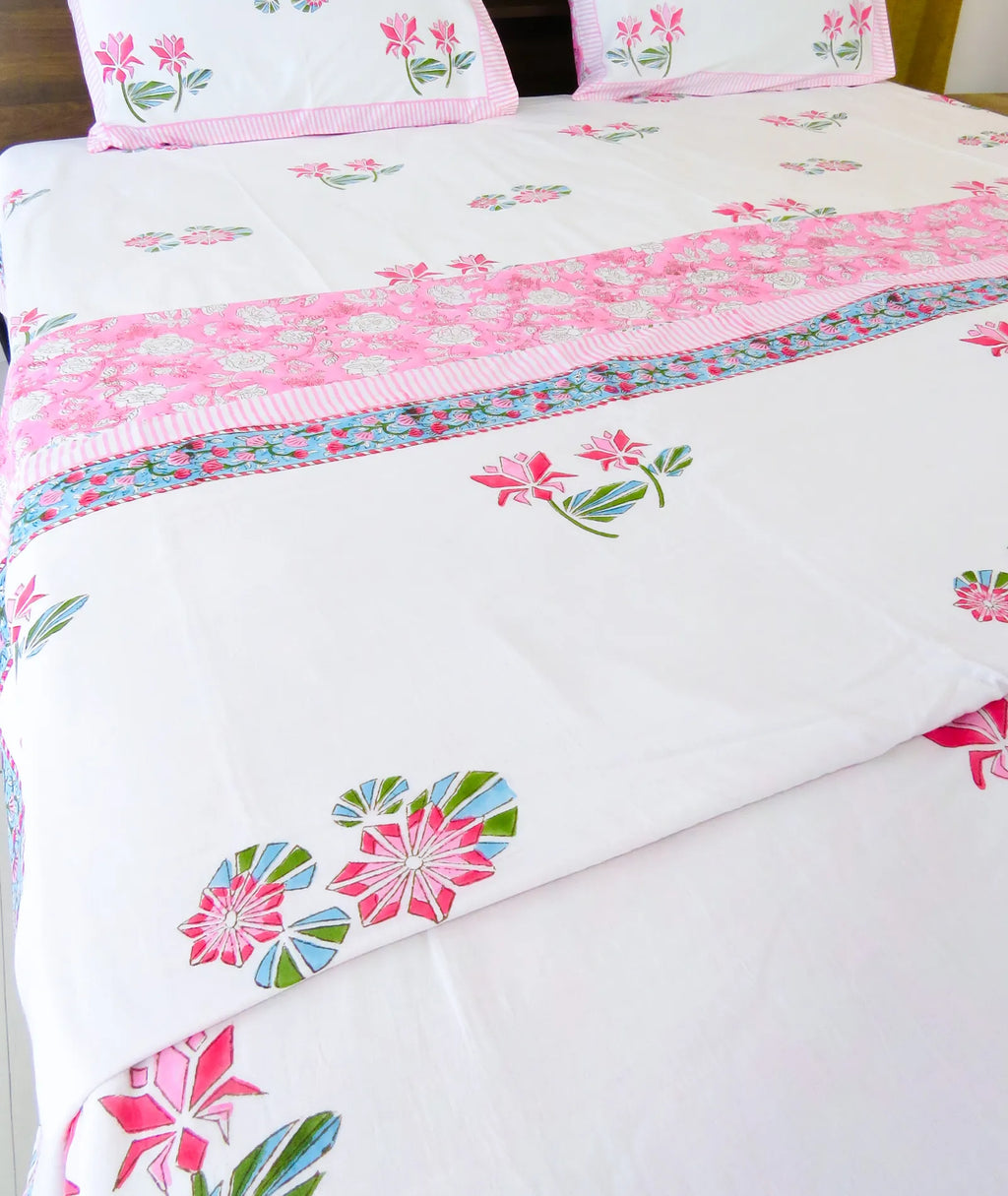 Pink & Green Lotus Flower Handblock Mul Cotton Dohar image 3