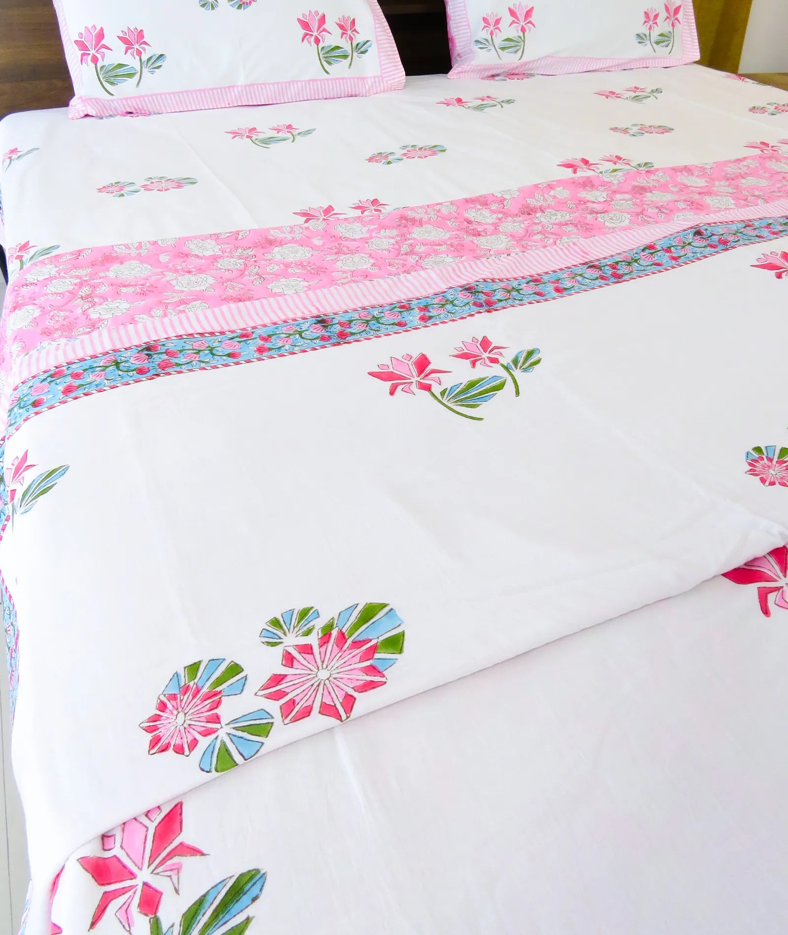 Pink & Green Lotus Flower Handblock Mul Cotton Dohar image 3