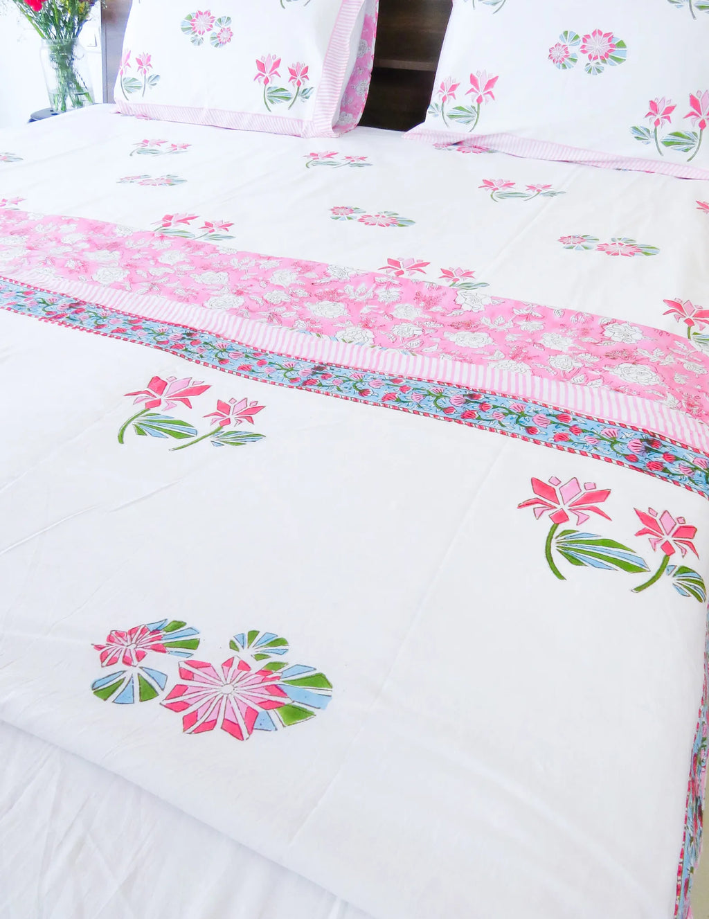 Pink & Green Lotus Flower Handblock Mul Cotton Dohar image 4