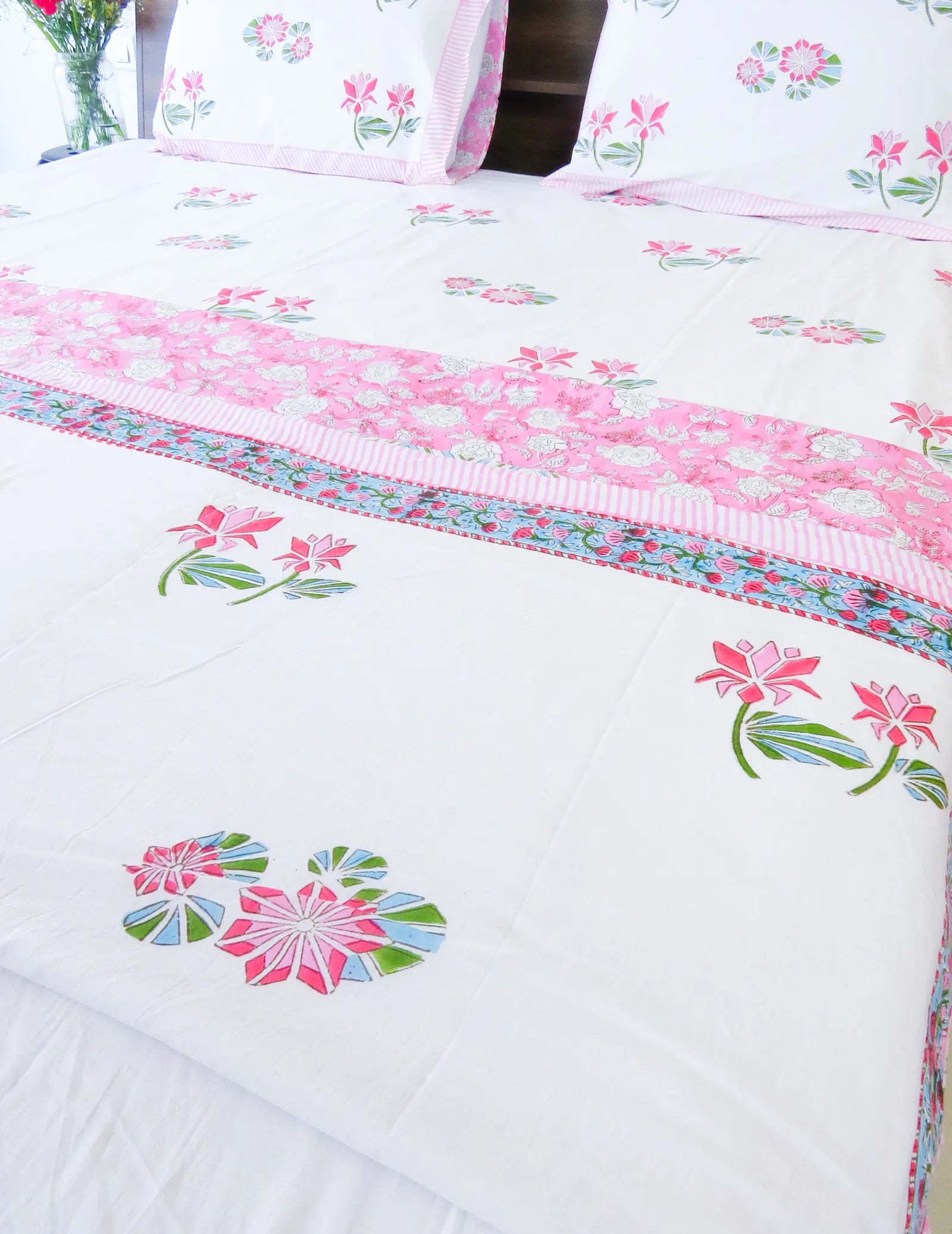 Pink & Green Lotus Flower Handblock Mul Cotton Dohar image 4