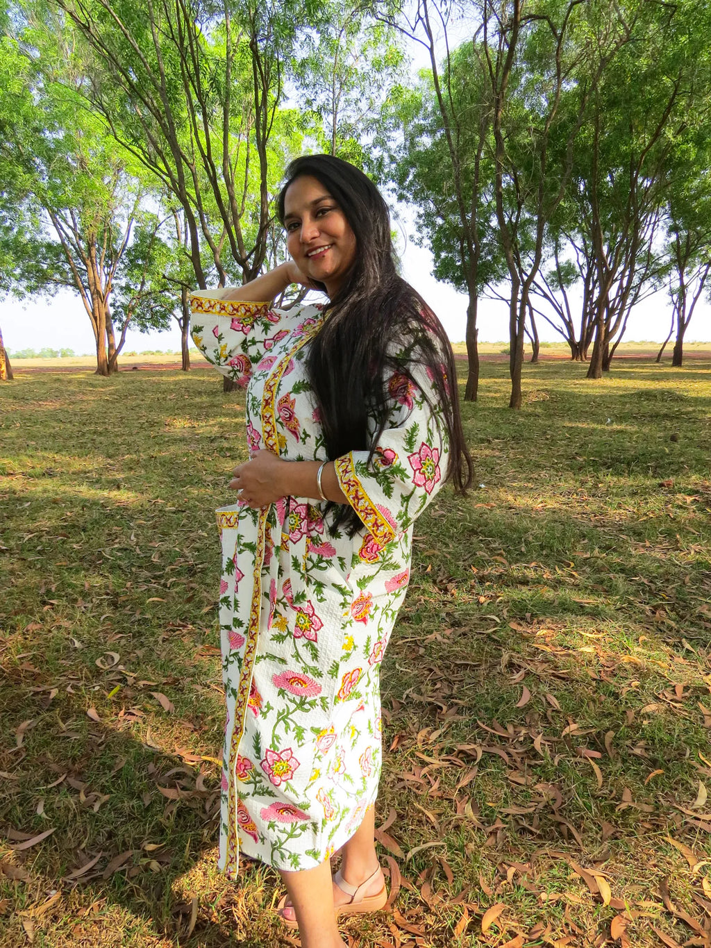 Pink Green Phool Jal Handblock Printed Waffle Cotton Bathrobe image 1