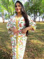 Pink Green Phool Jal Handblock Printed Waffle Cotton Bathrobe image 2