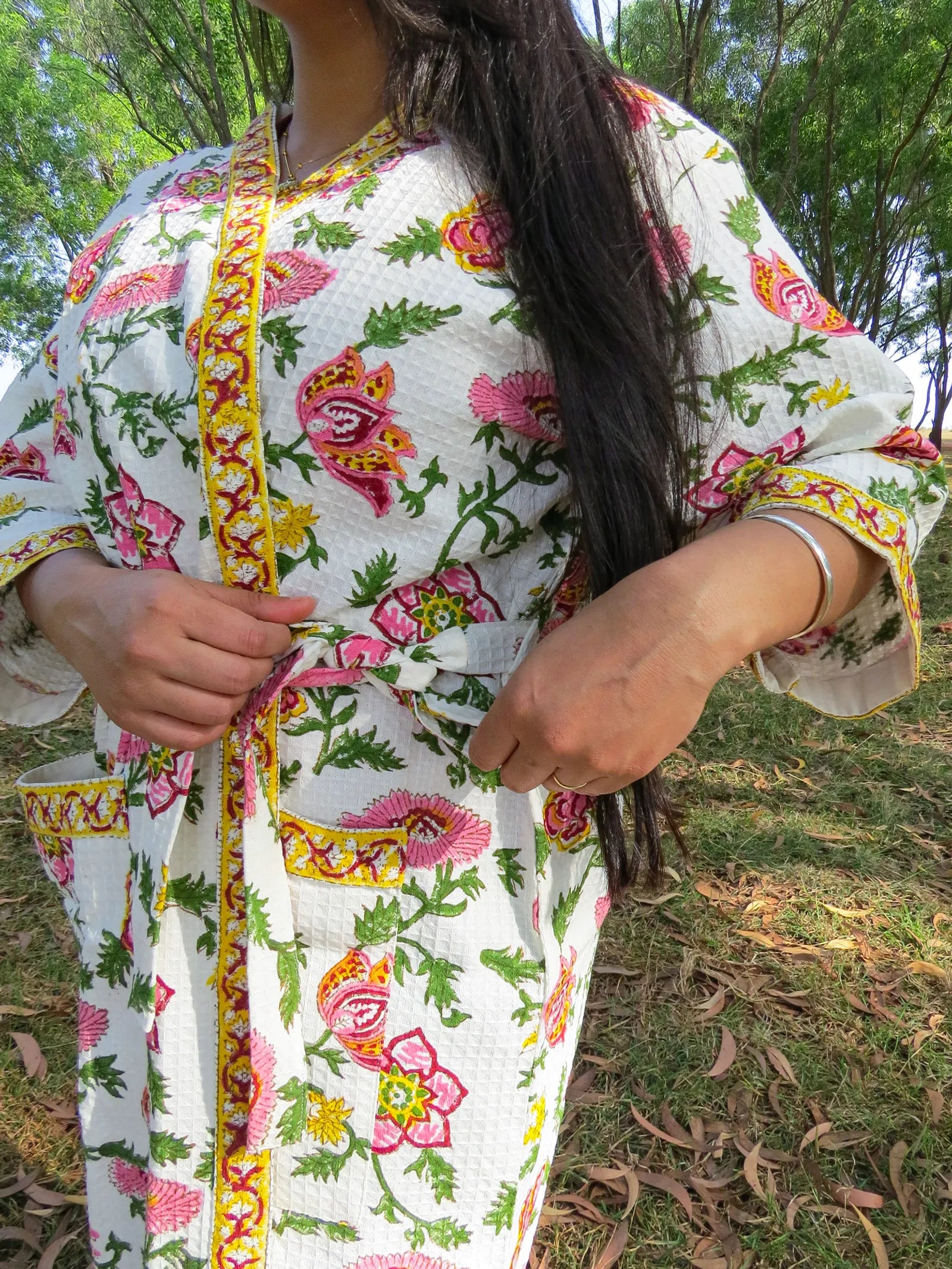 Pink Green Phool Jal Handblock Printed Waffle Cotton Bathrobe image 3