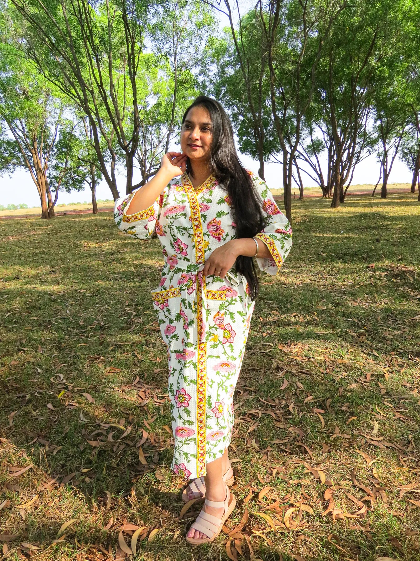 Pink Green Phool Jal Handblock Printed Waffle Cotton Bathrobe image 4