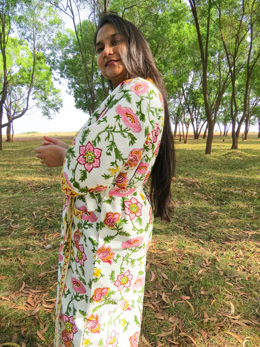Pink Green Phool Jal Handblock Printed Waffle Cotton Bathrobe image 5