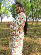 Pink Green Phool Jal Handblock Printed Waffle Cotton Bathrobe image 5