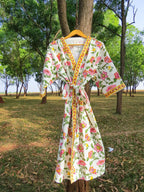 Pink Green Phool Jal Handblock Printed Waffle Cotton Bathrobe image 6