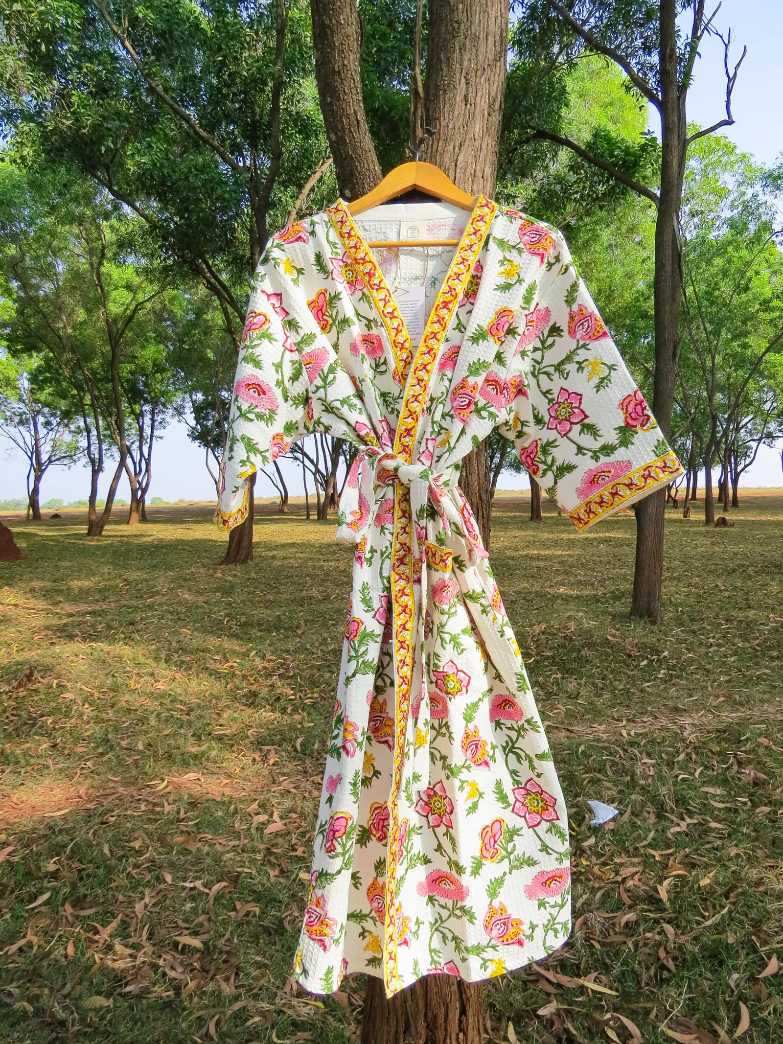 Pink Green Phool Jal Handblock Printed Waffle Cotton Bathrobe image 6