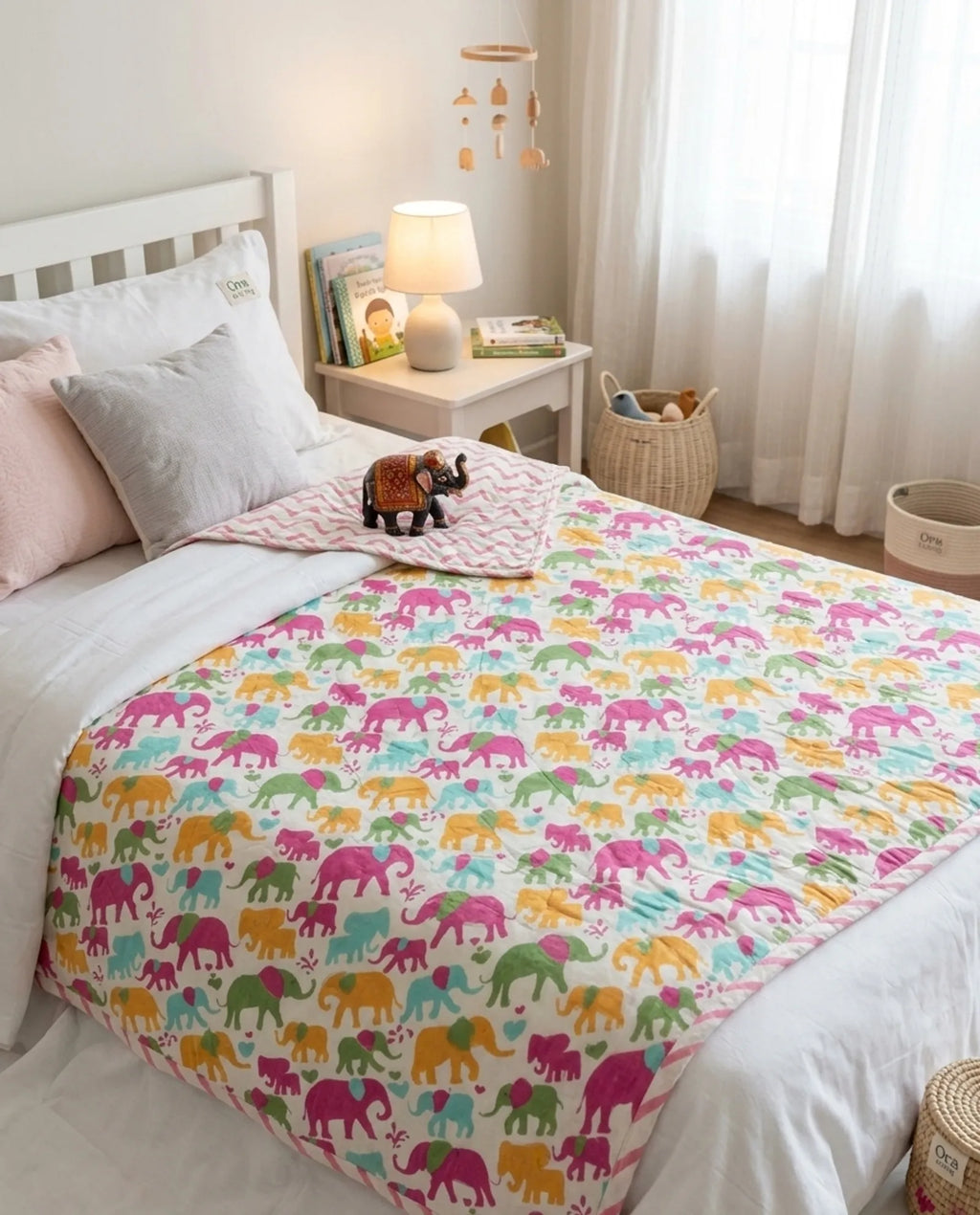 Pink Green Small Elephant Handblock Mul Cotton Kids Dohar image 1