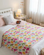 Pink Green Small Elephant Handblock Mul Cotton Kids Dohar image 1