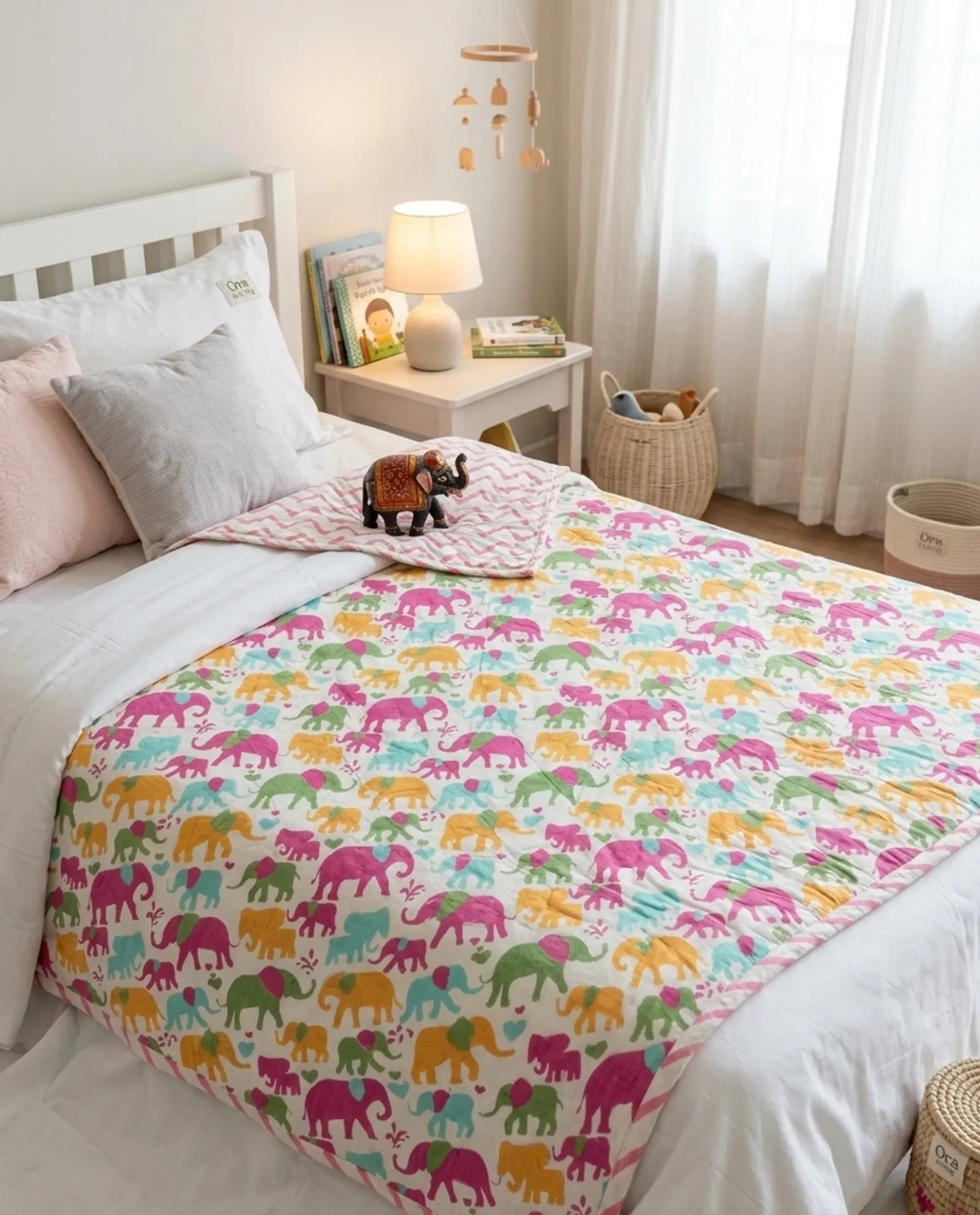 Pink Green Small Elephant Handblock Mul Cotton Kids Dohar image 1