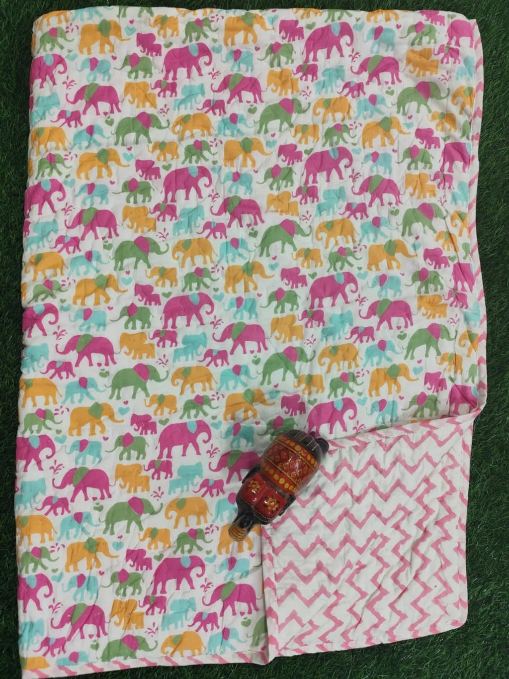 Pink Green Small Elephant Handblock Mul Cotton Kids Dohar image 2