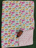 Pink Green Small Elephant Handblock Mul Cotton Kids Dohar image 2