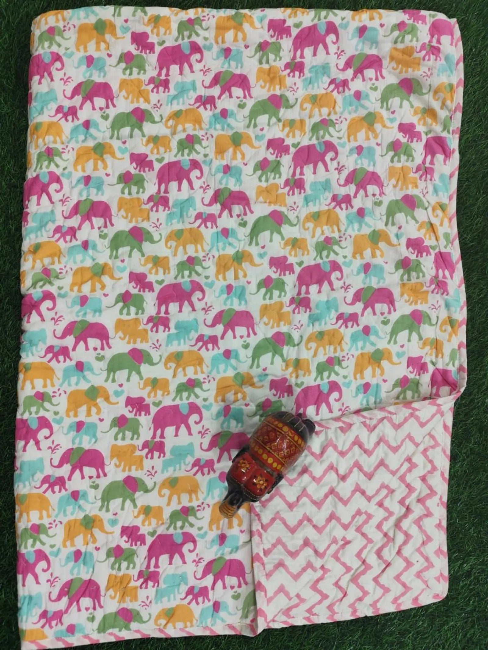 Pink Green Small Elephant Handblock Mul Cotton Kids Dohar image 2