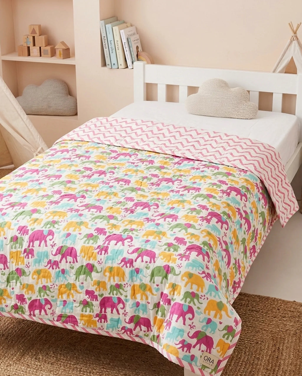 Pink Green Small Elephant Handblock Mul Cotton Kids Quilt image 1
