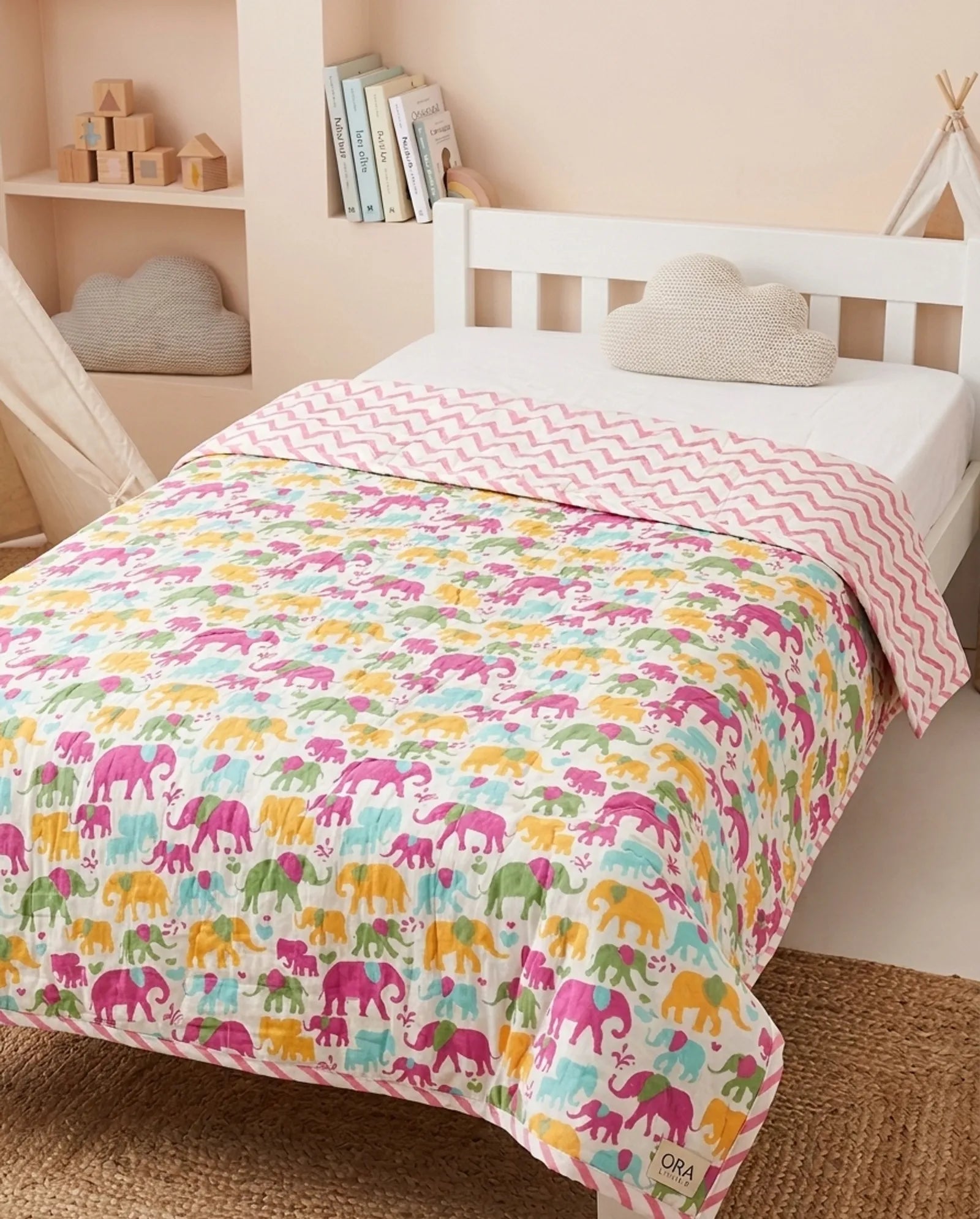 Pink Green Small Elephant Handblock Mul Cotton Kids Quilt image 1