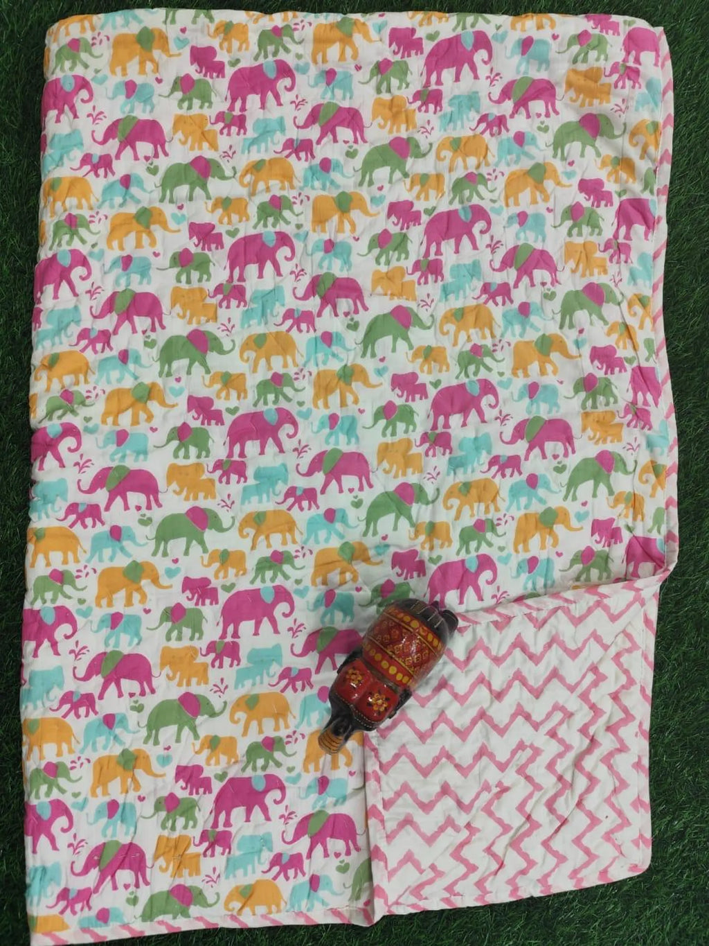 Pink Green Small Elephant Handblock Mul Cotton Kids Quilt image 2