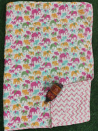 Pink Green Small Elephant Handblock Mul Cotton Kids Quilt image 2