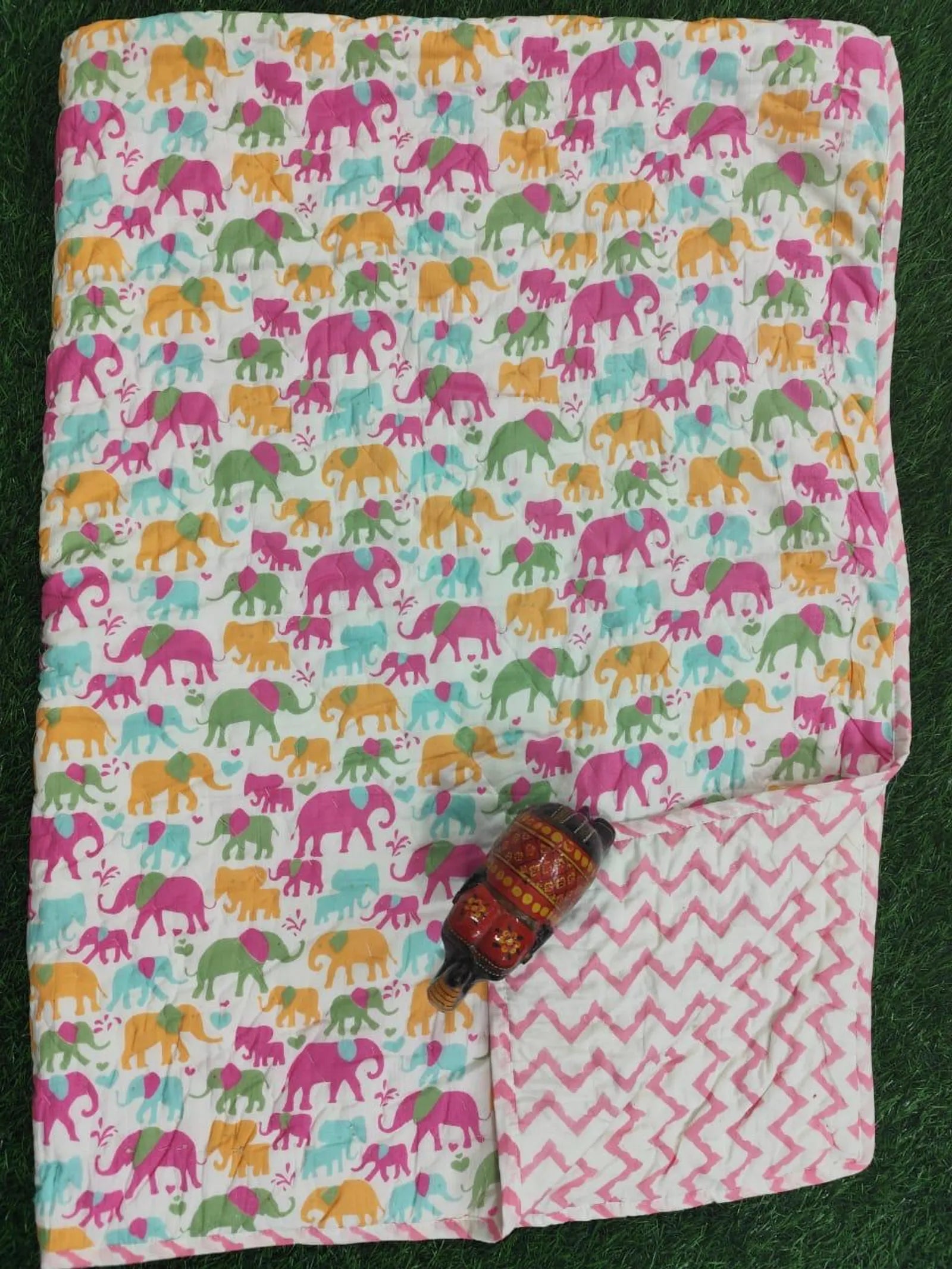 Pink Green Small Elephant Handblock Mul Cotton Kids Quilt image 2