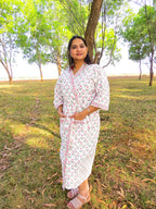 Pink Grey Tulip Handblock Printed Waffle Cotton Bathrobe image 1