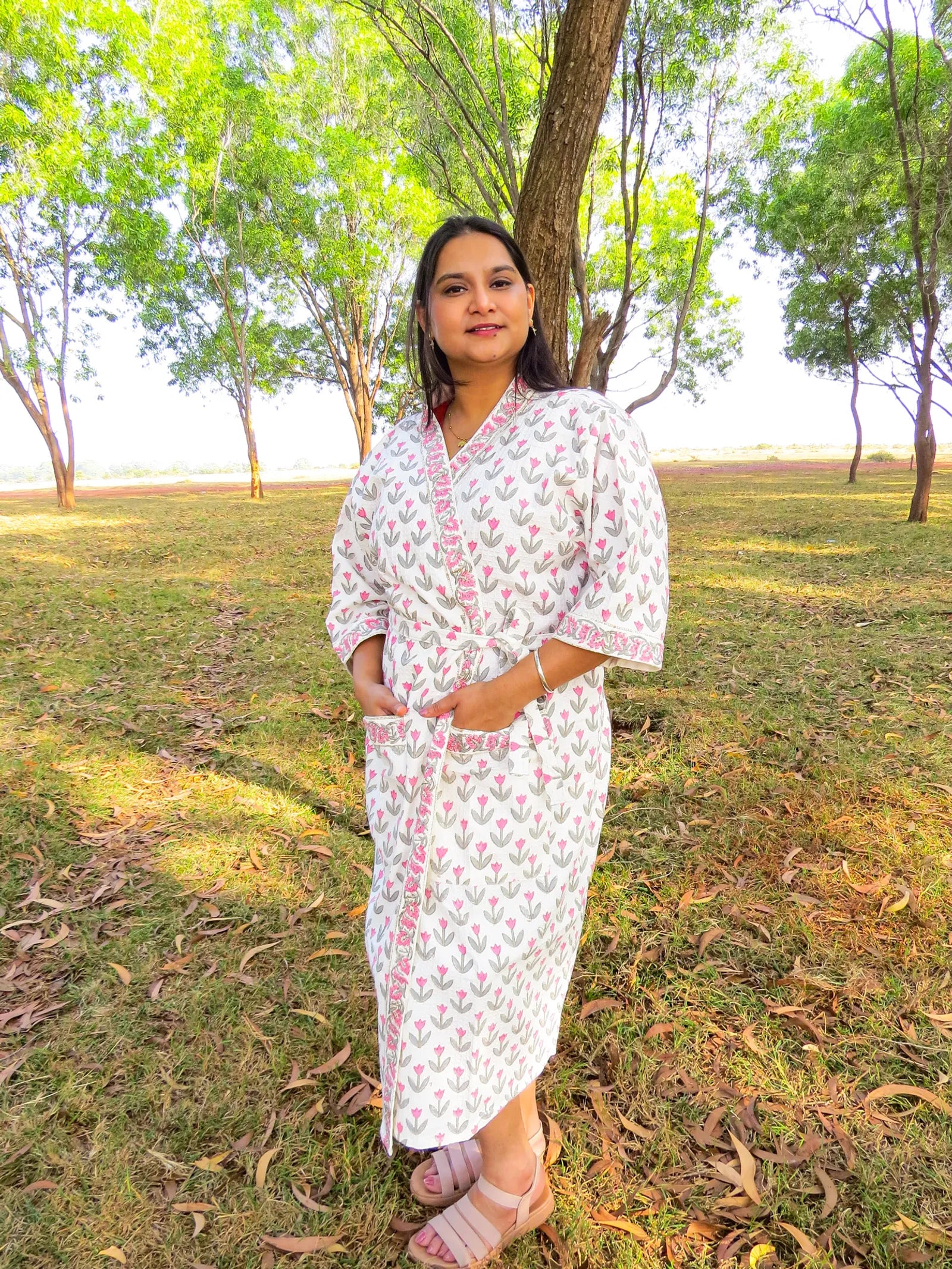 Pink Grey Tulip Handblock Printed Waffle Cotton Bathrobe image 1