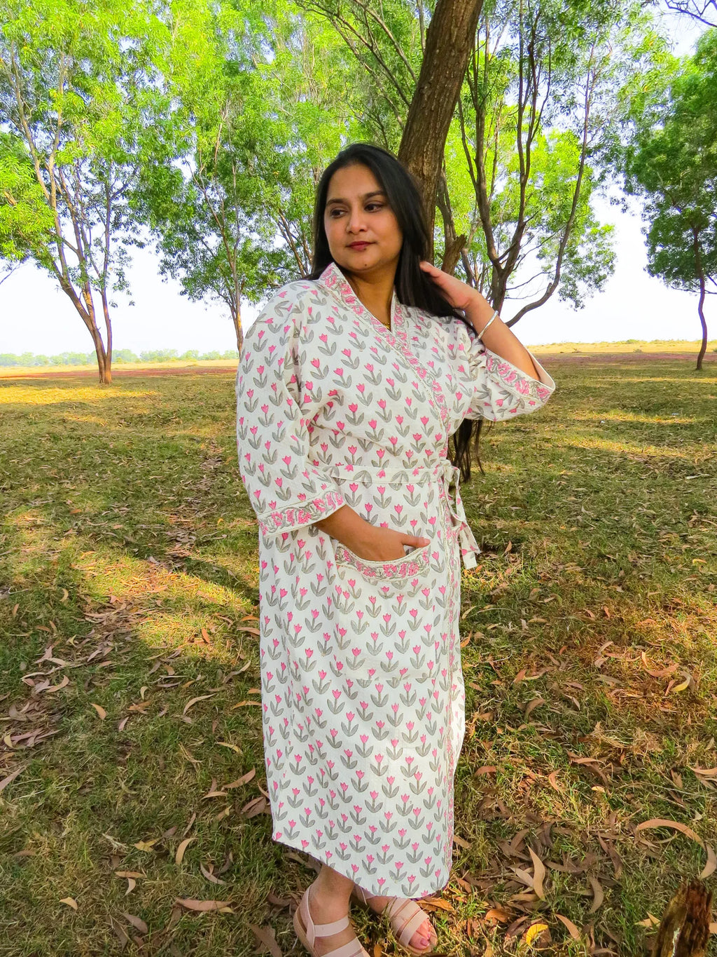 Pink Grey Tulip Handblock Printed Waffle Cotton Bathrobe image 2