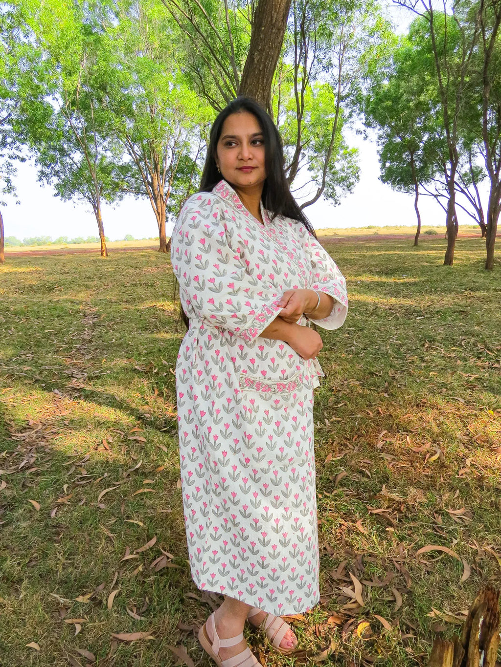Pink Grey Tulip Handblock Printed Waffle Cotton Bathrobe image 3