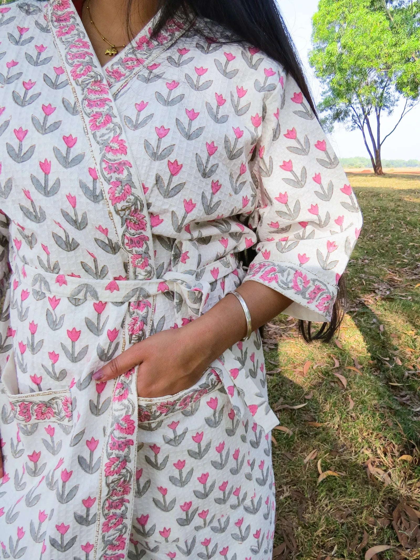 Pink Grey Tulip Handblock Printed Waffle Cotton Bathrobe image 4