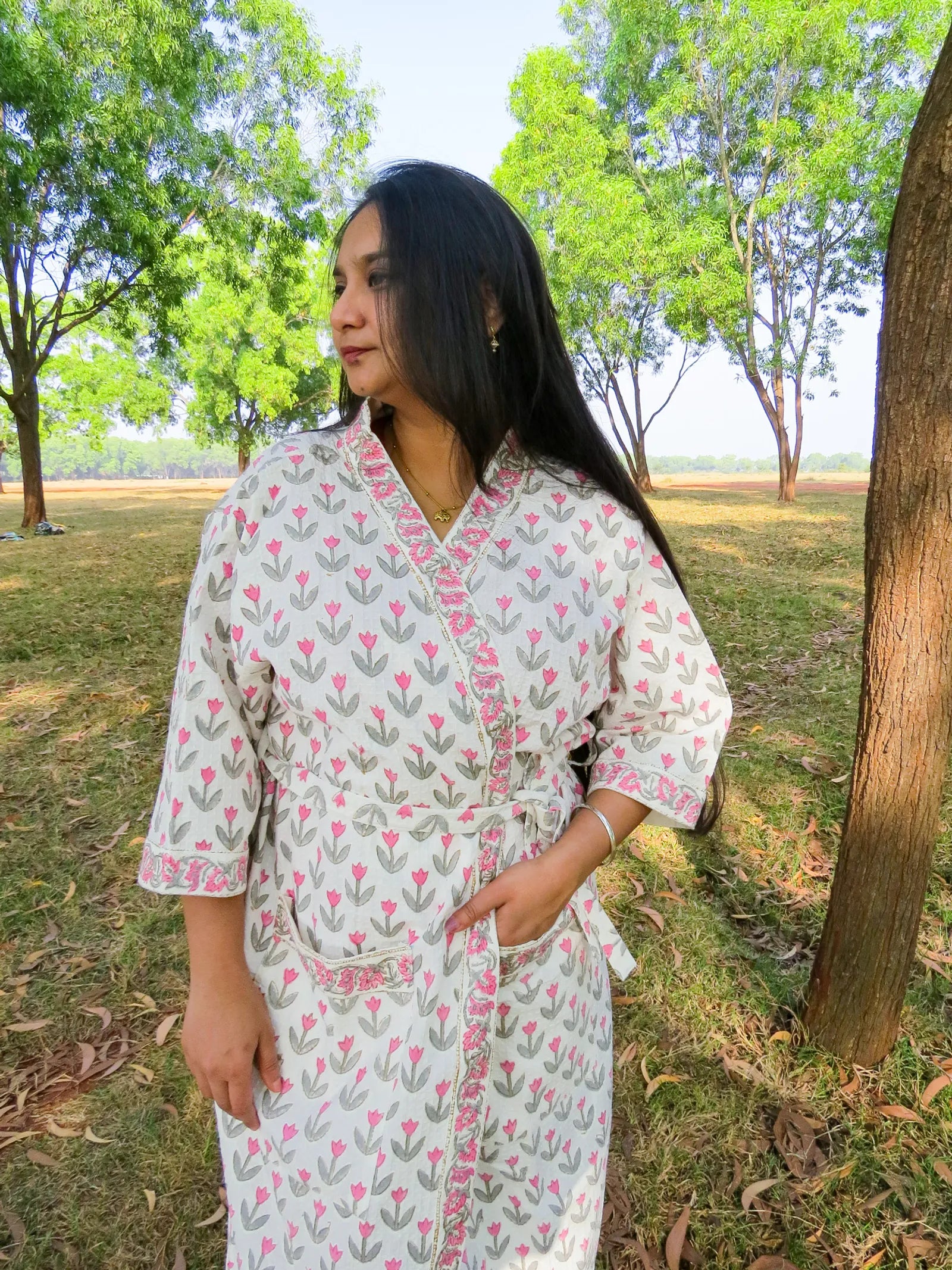 Pink Grey Tulip Handblock Printed Waffle Cotton Bathrobe image 5