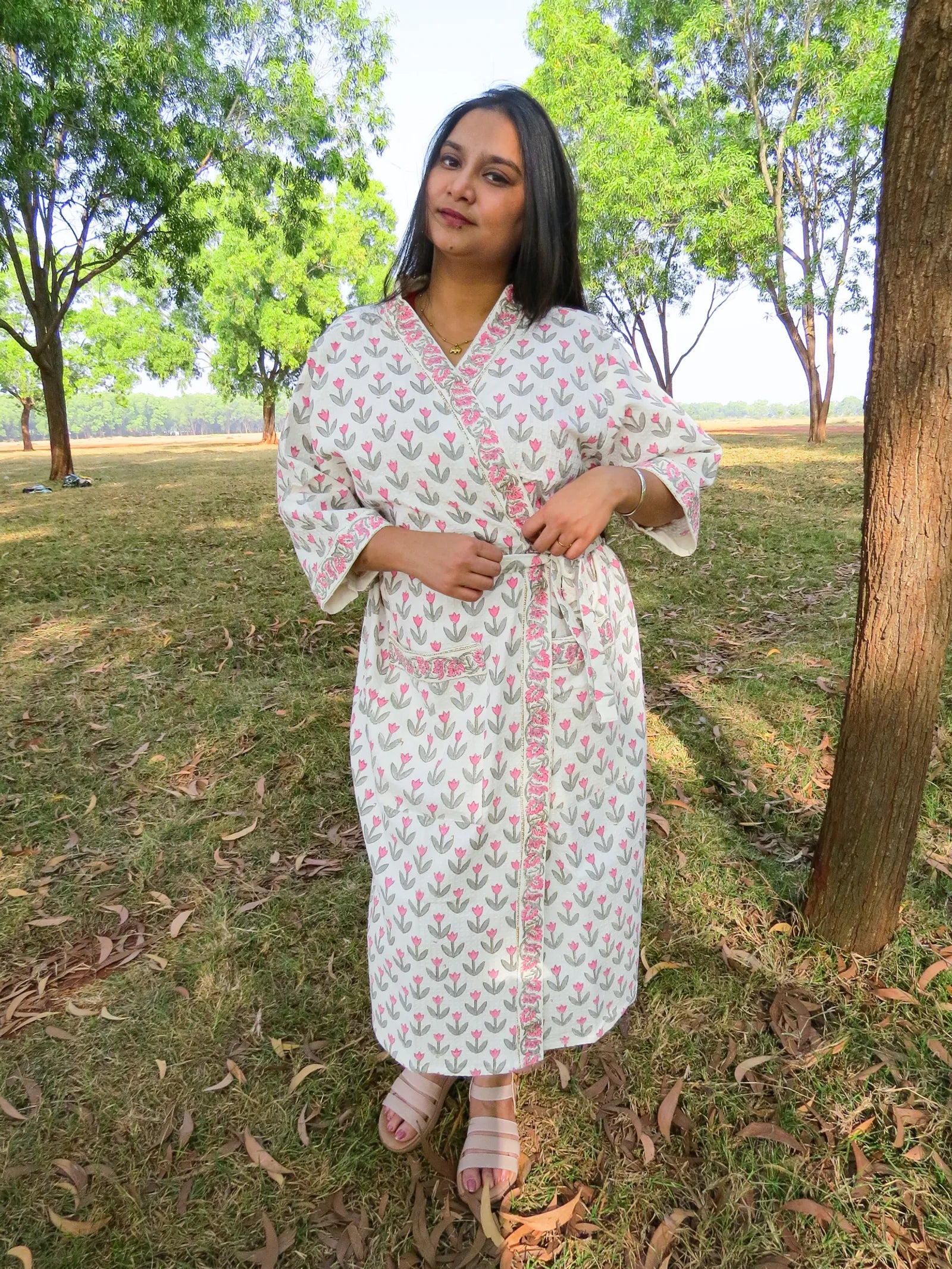 Pink Grey Tulip Handblock Printed Waffle Cotton Bathrobe image 6