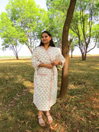 Pink Grey Tulip Handblock Printed Waffle Cotton Bathrobe image 7