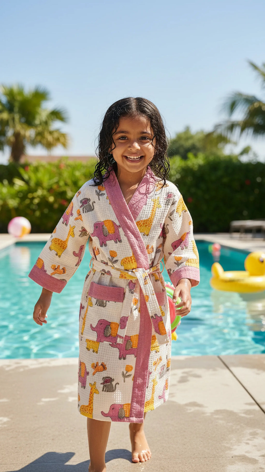 Pink Jungle Waffle Cotton Kids Bathrobe image 1