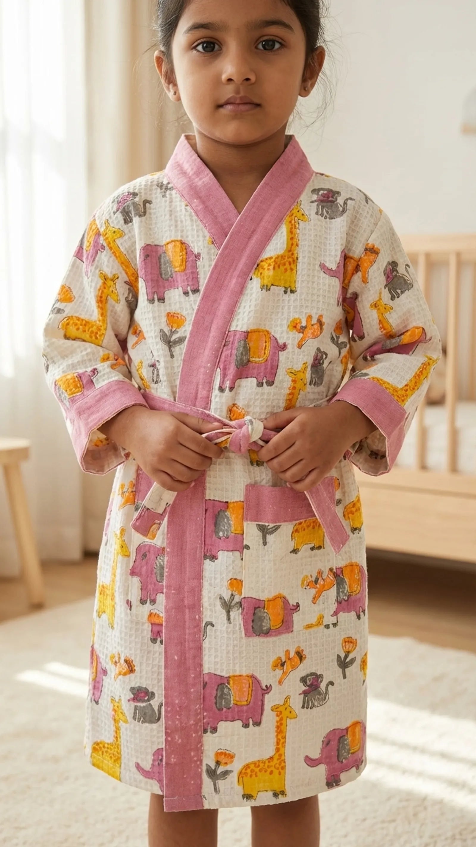 Pink Jungle Waffle Cotton Kids Bathrobe image 2