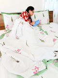 Pink Lily Green Leaf Handblock Mul Cotton Double Dohar image 1