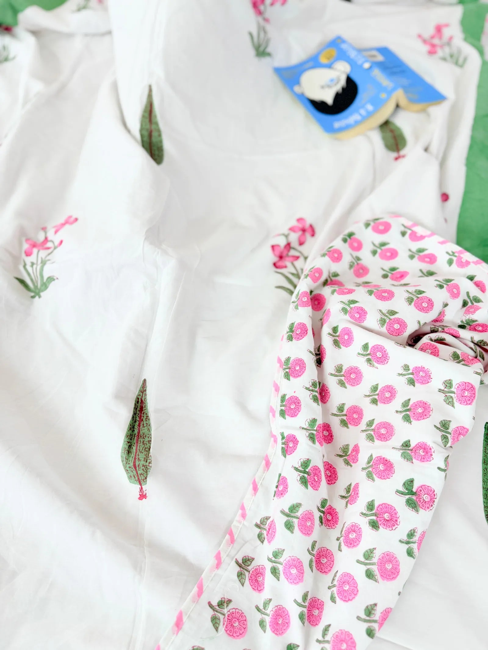 Pink Lily Green Leaf Handblock Mul Cotton Double Dohar image 3