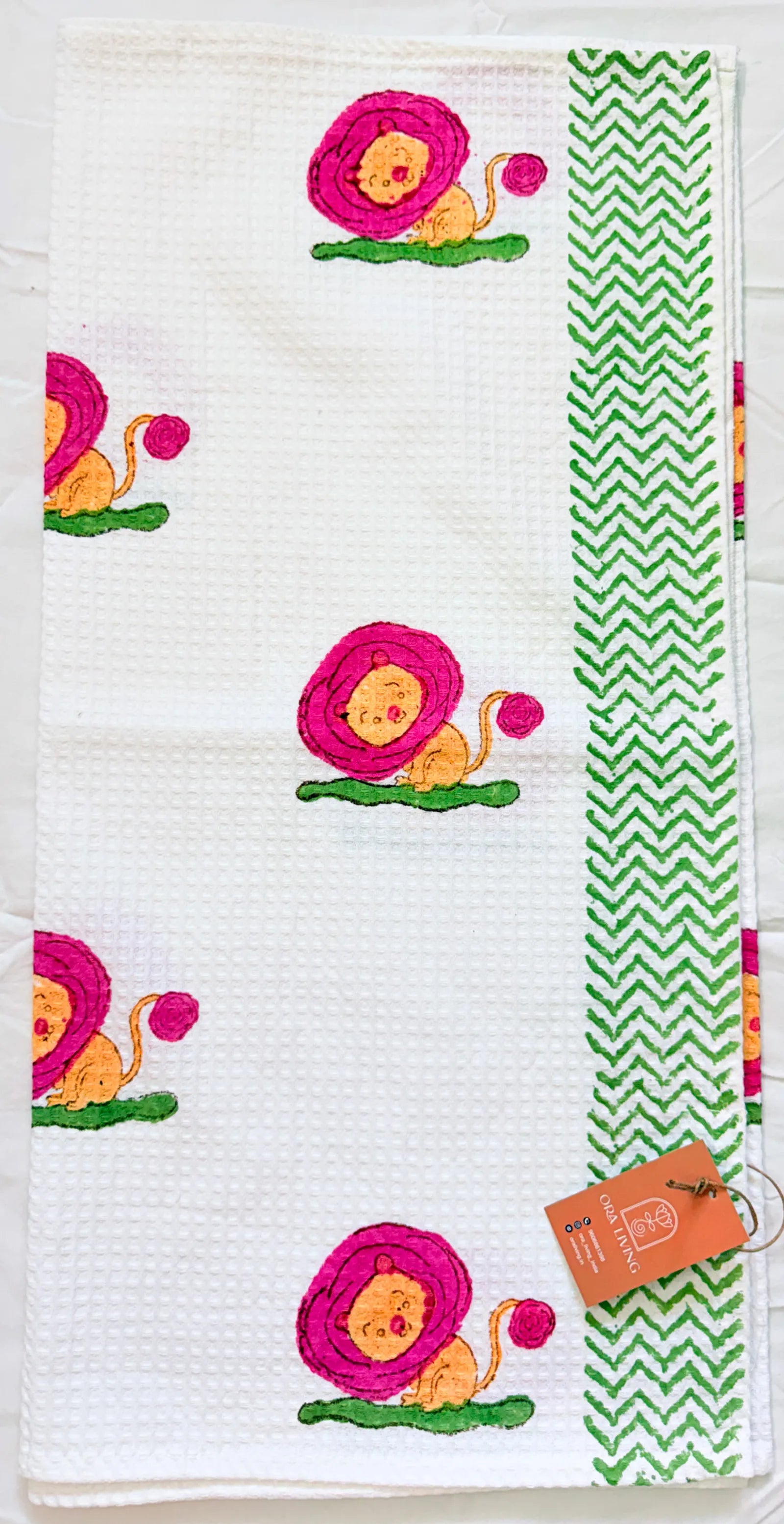 Pink Lion Handblock Waffle Cotton Kids Bath Towel image 3