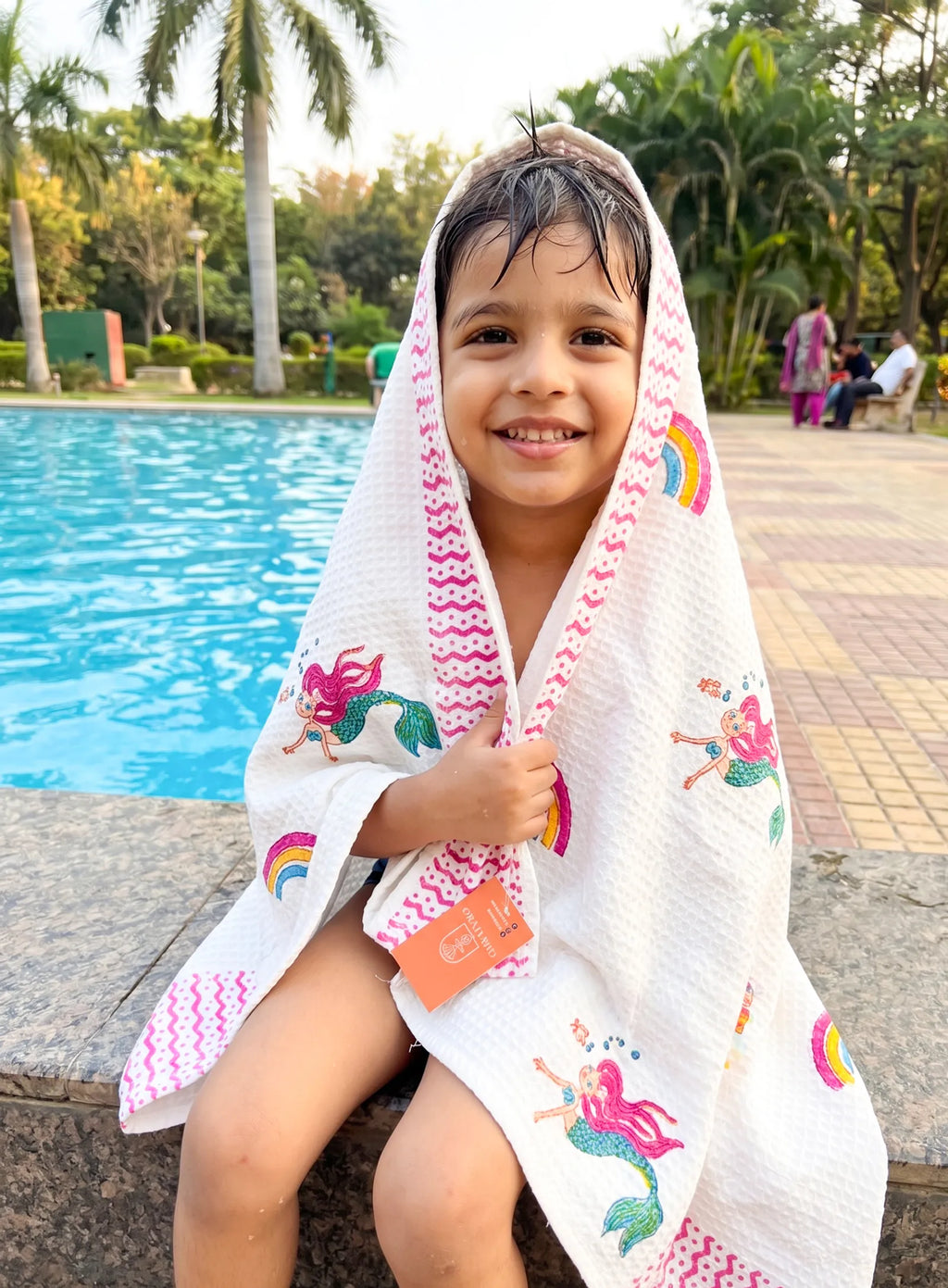 Pink Mermaid Rainbow Handblock Waffle Cotton Kids Bath Towel image 1
