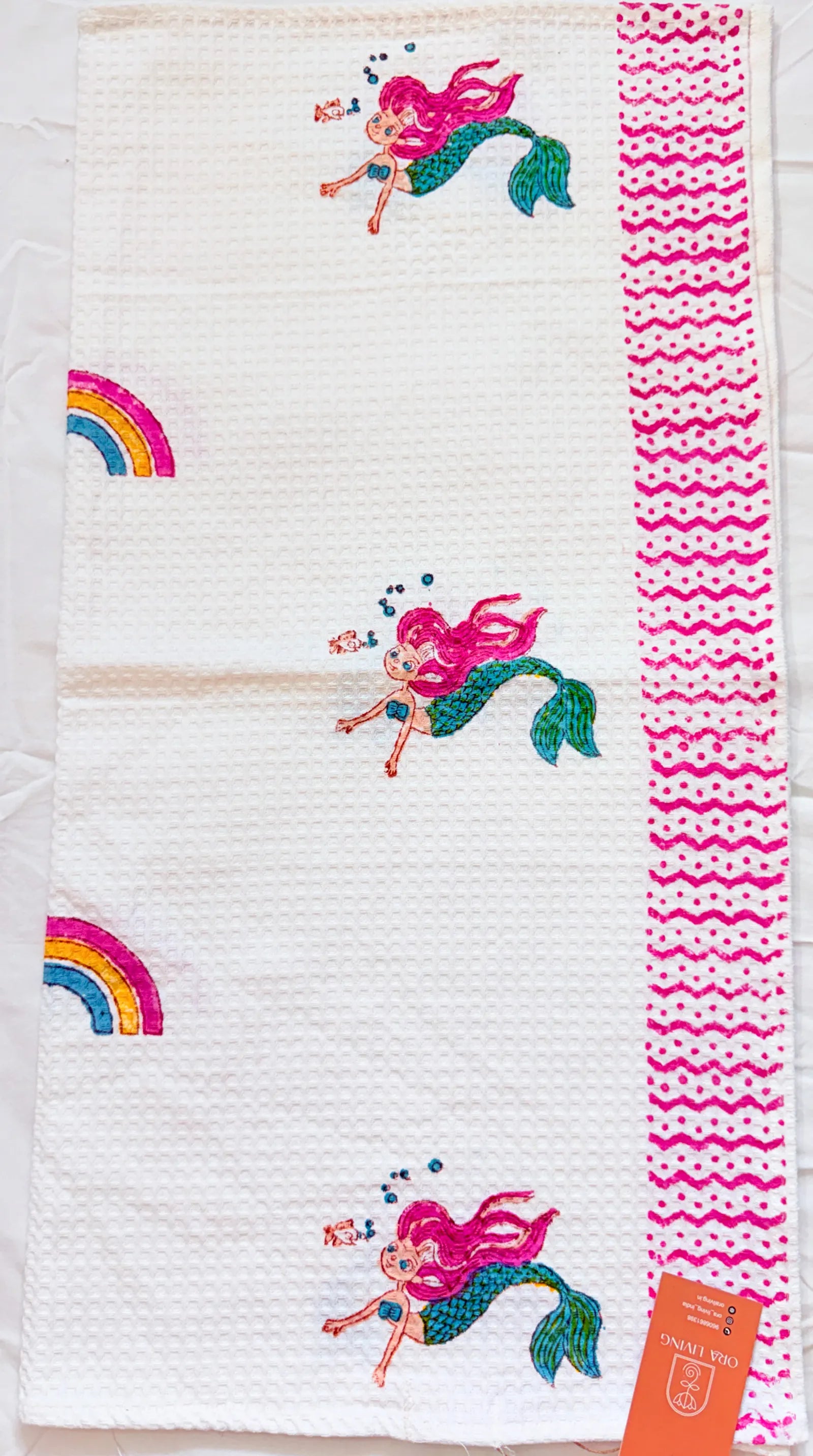 Pink Mermaid Rainbow Handblock Waffle Cotton Kids Bath Towel image 2