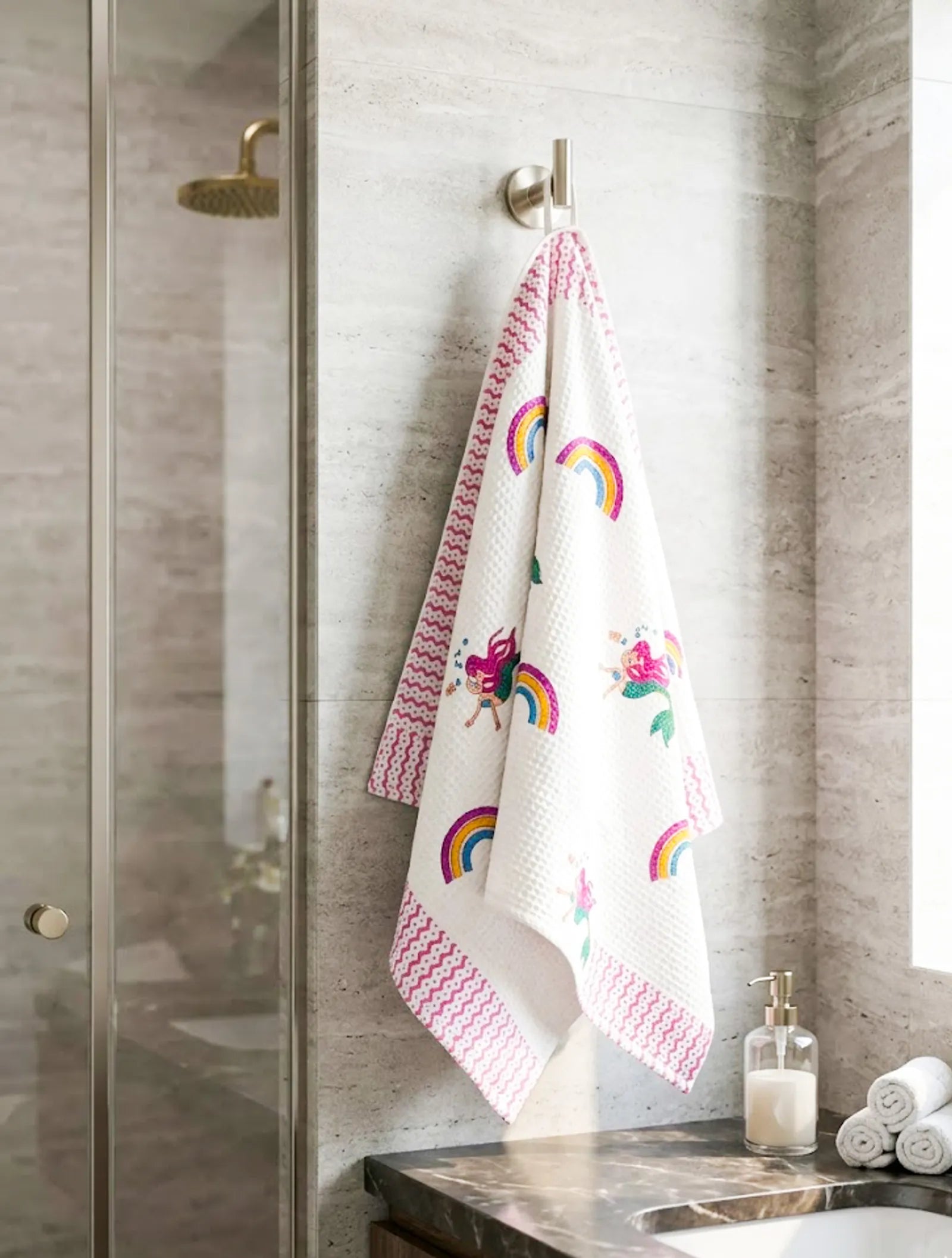 Pink Mermaid Rainbow Handblock Waffle Cotton Kids Bath Towel image 3