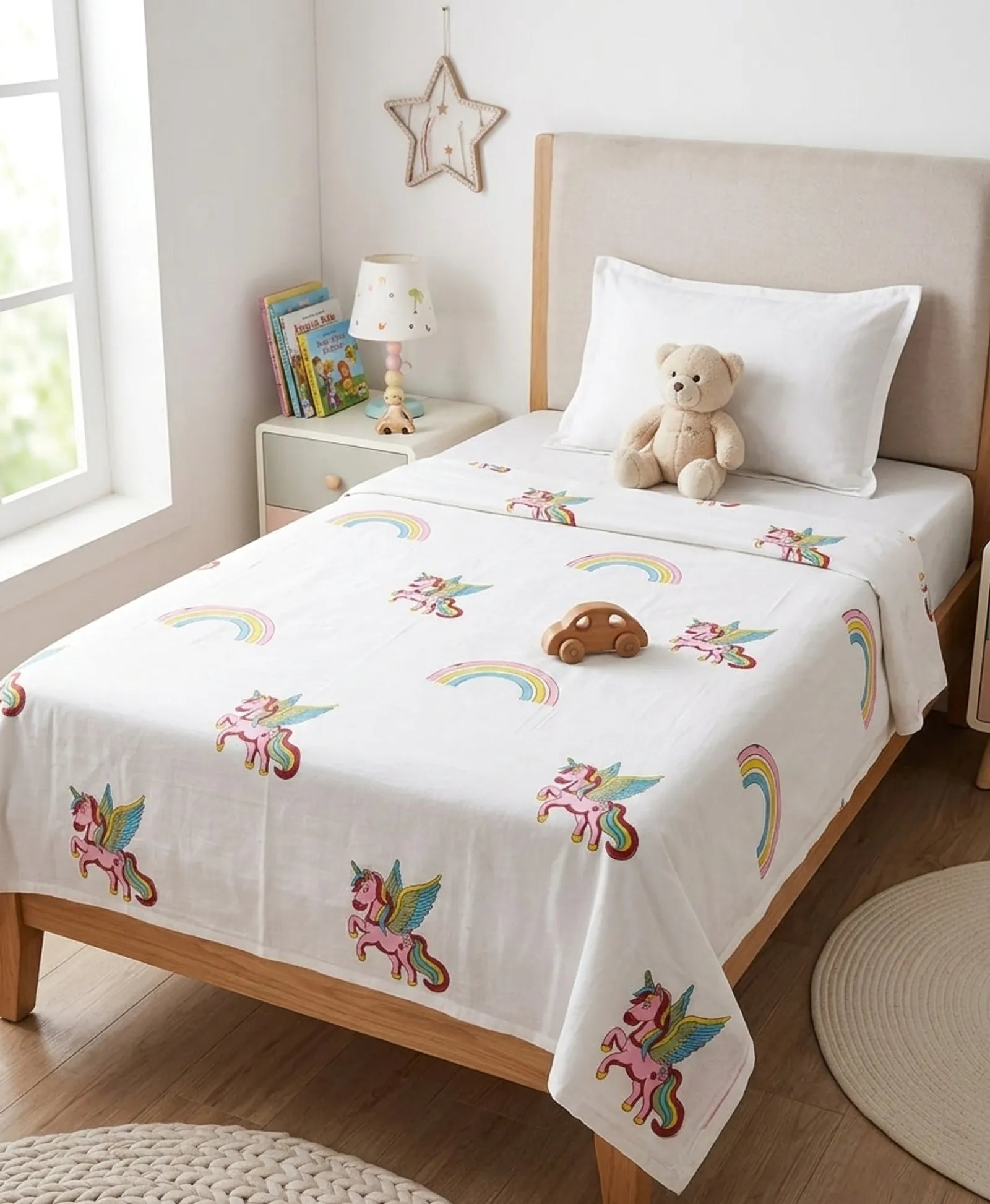 Pink Rainbow Unicorn Handblock Mul Cotton Kids Dohar image 1