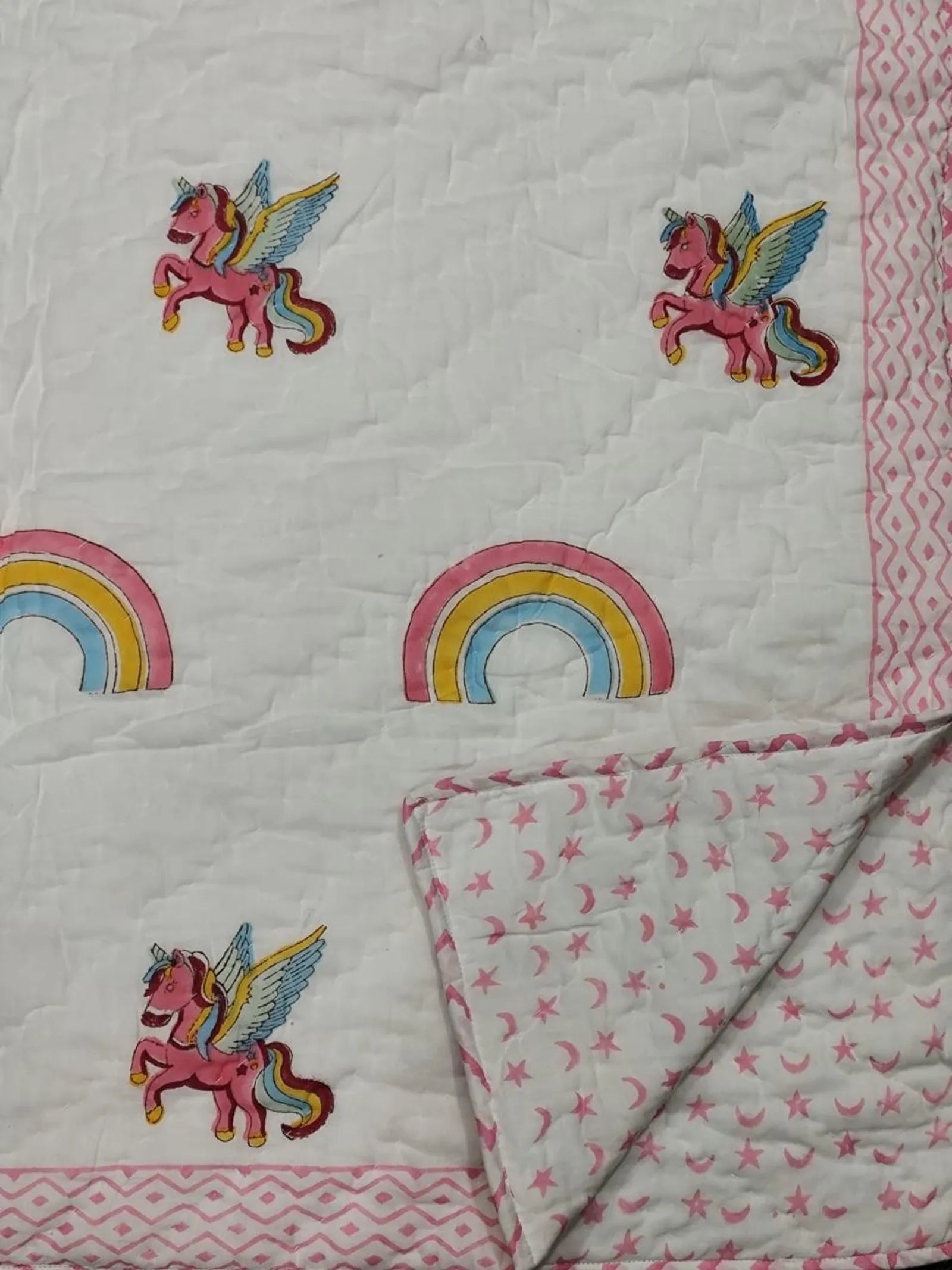 Pink Rainbow Unicorn Handblock Mul Cotton Kids Quilt image 2