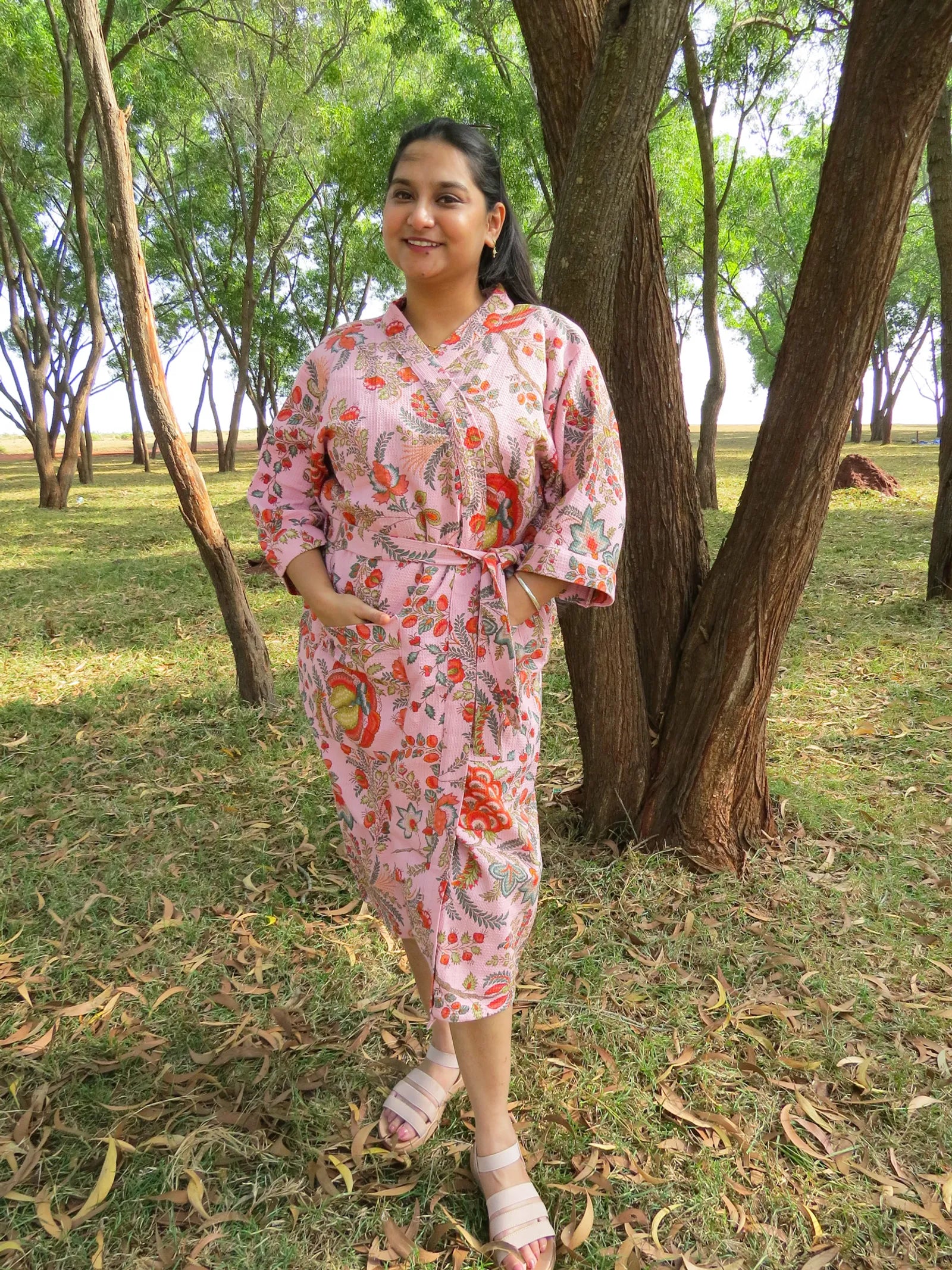 Pink Rose Garden Handblock Printed Waffle Cotton Bathrobe image 1